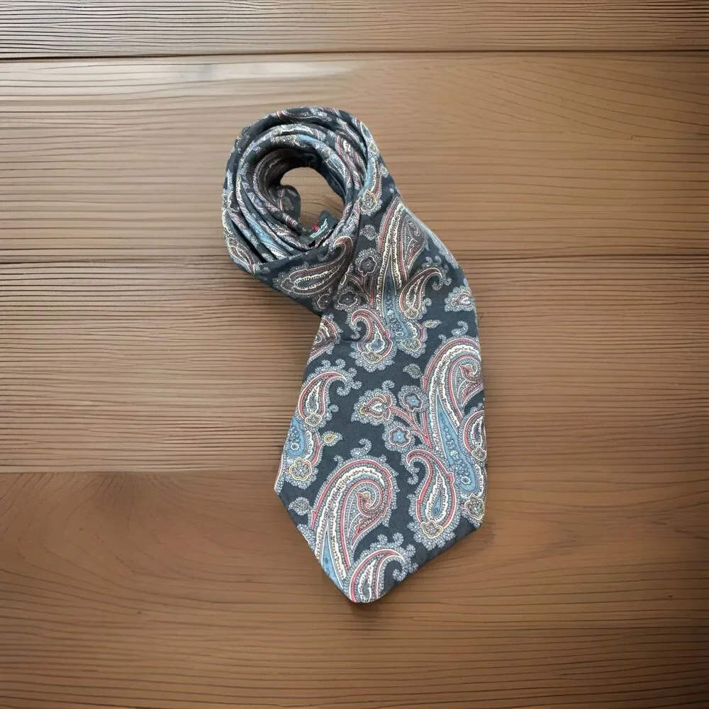 Robert Talbott Silk Black With Navy And Burgundy Paisley Design Made In USA